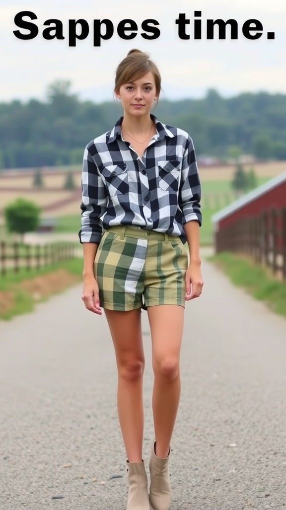 Woman wearing a plaid shirt tucked into high-waisted shorts, standing on a road with a farm background.