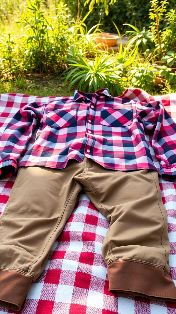 A laid out plaid shirt and cargo pants on a checkered blanket surrounded by greenery.