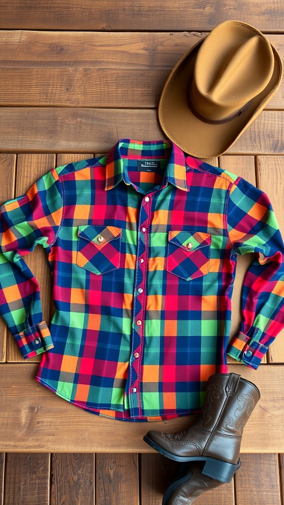 Colorful plaid shirt laid out with a cowboy hat and boots on a wooden surface