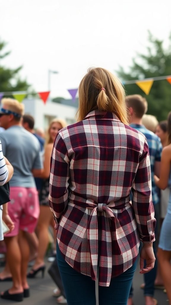 A woman wearing a plaid shirt tied at the waist, standing among a crowd at a party.