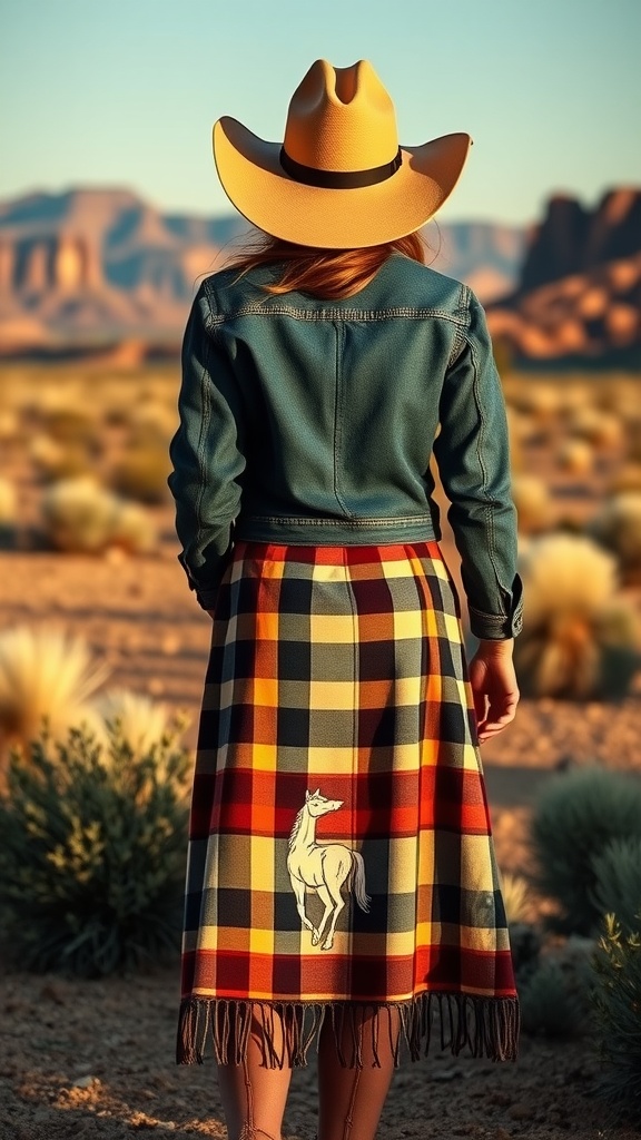 A woman wearing a plaid skirt with a horse graphic and a denim jacket, set against a desert landscape