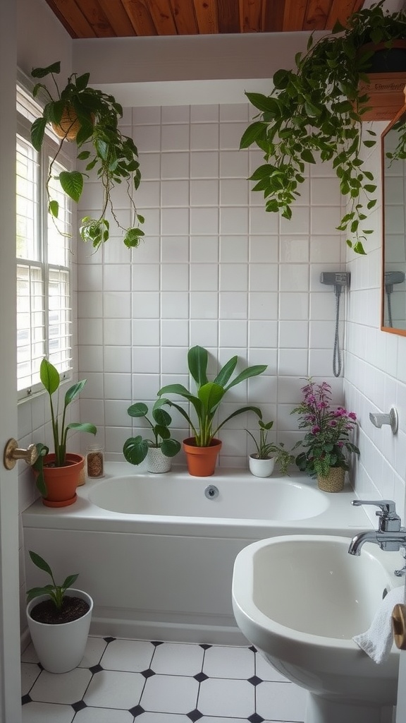 A small bathroom featuring a white tub with various green plants, including hanging and potted varieties, creating a cozy atmosphere.
