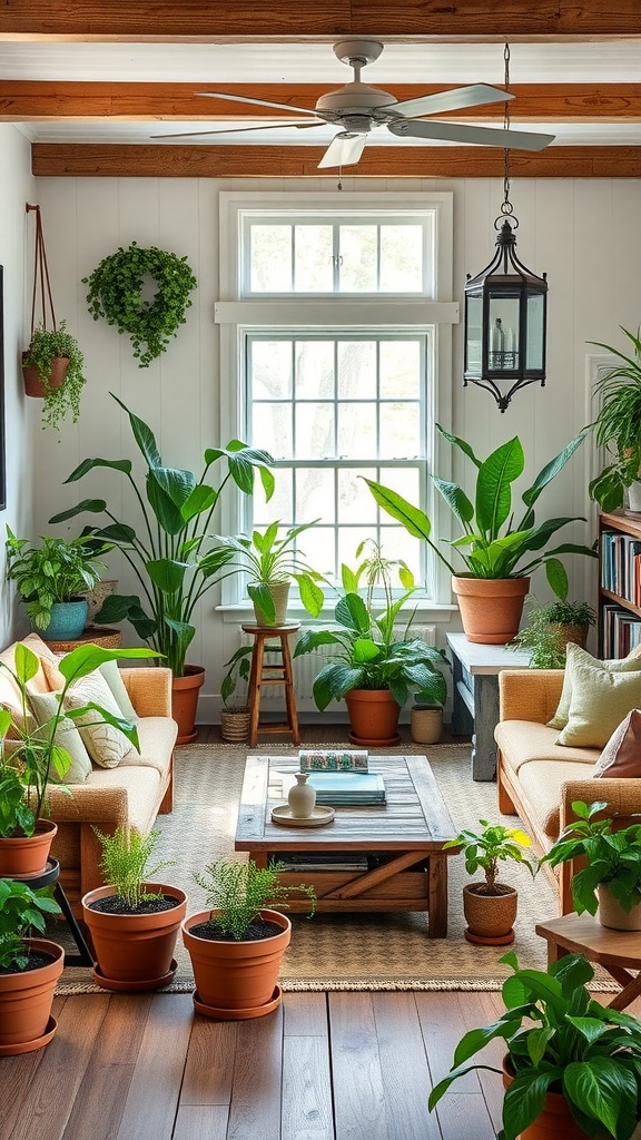 A cozy farmhouse living room filled with various potted plants and greenery, featuring light-colored sofas and a wooden coffee table.
