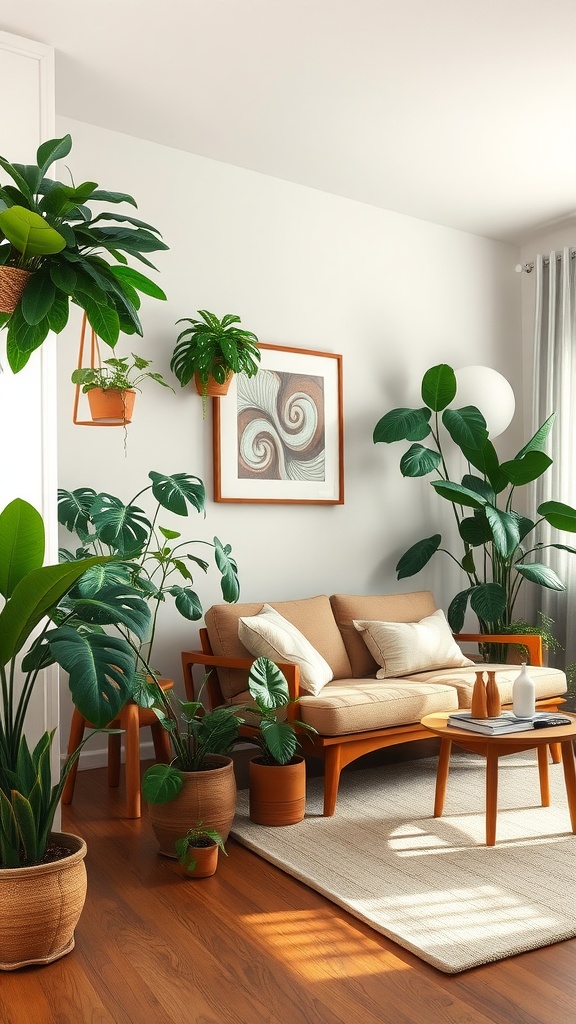 A mid-century modern living room with a beige sofa surrounded by various green plants, showcasing a cozy and stylish atmosphere.