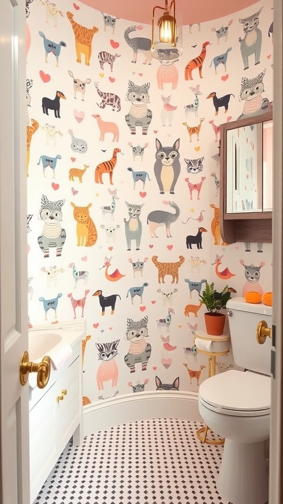 Colorful wallpaper featuring playful animal motifs in a guest bathroom