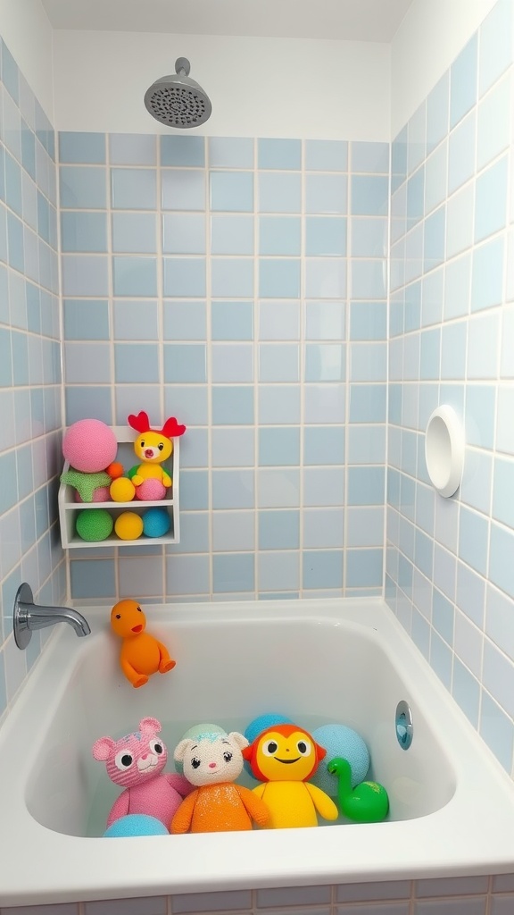 A playful bathtub filled with colorful toys, including soft characters and balls, set against blue tiled walls.