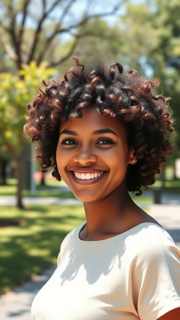 A woman with short bouncy curls smiling brightly in a park setting