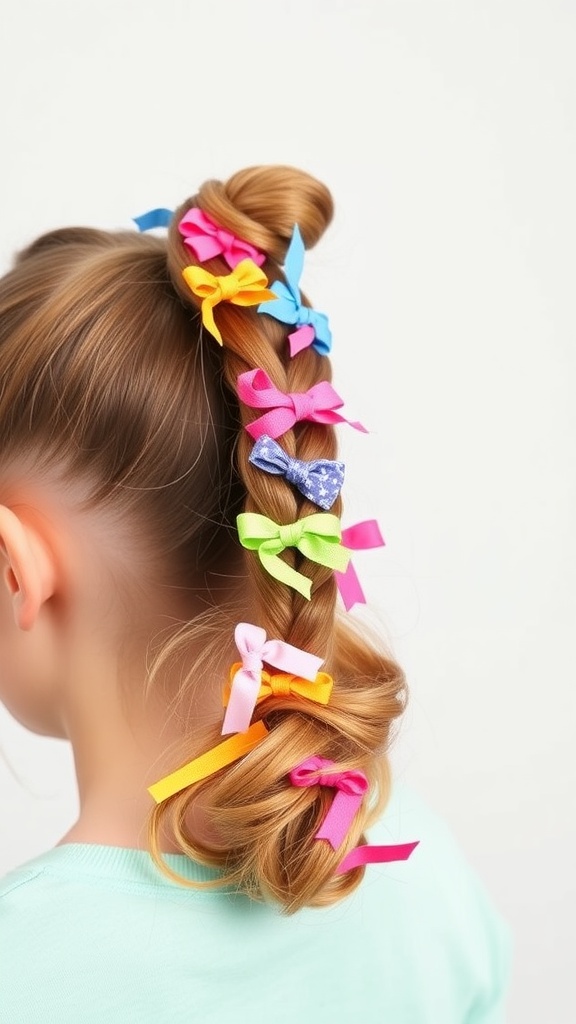 Playful bubble ponytail hairstyle with colorful bows