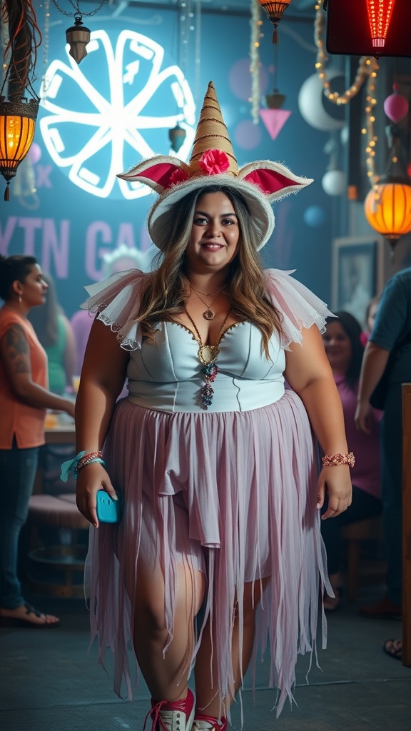 A plus-size woman wearing a playful unicorn-themed outfit with a pink skirt and a unicorn horn hat at a lively venue.