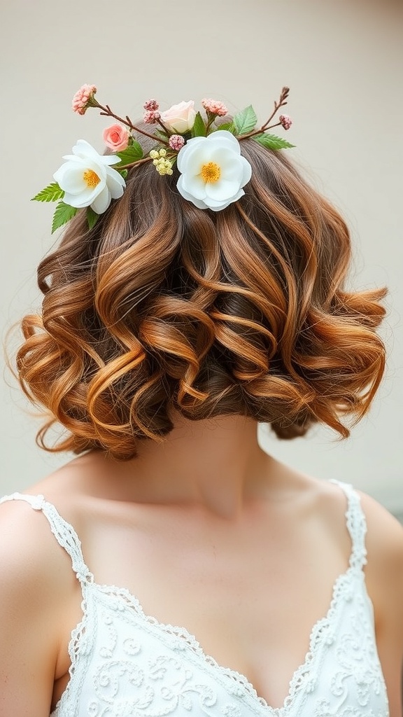 A playful curly bob hairstyle with floral accents, perfect for a wedding.