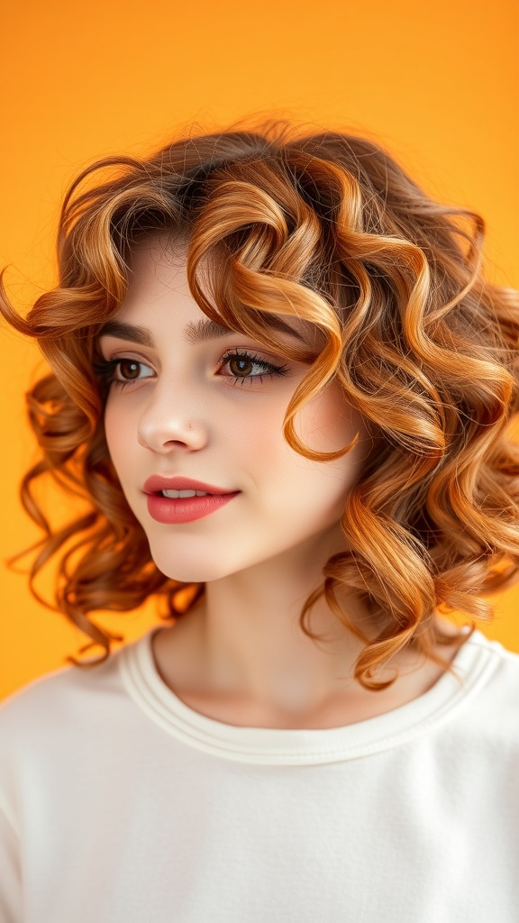 A woman with a playful curly lob hairstyle, featuring vibrant warm tones against an orange background.