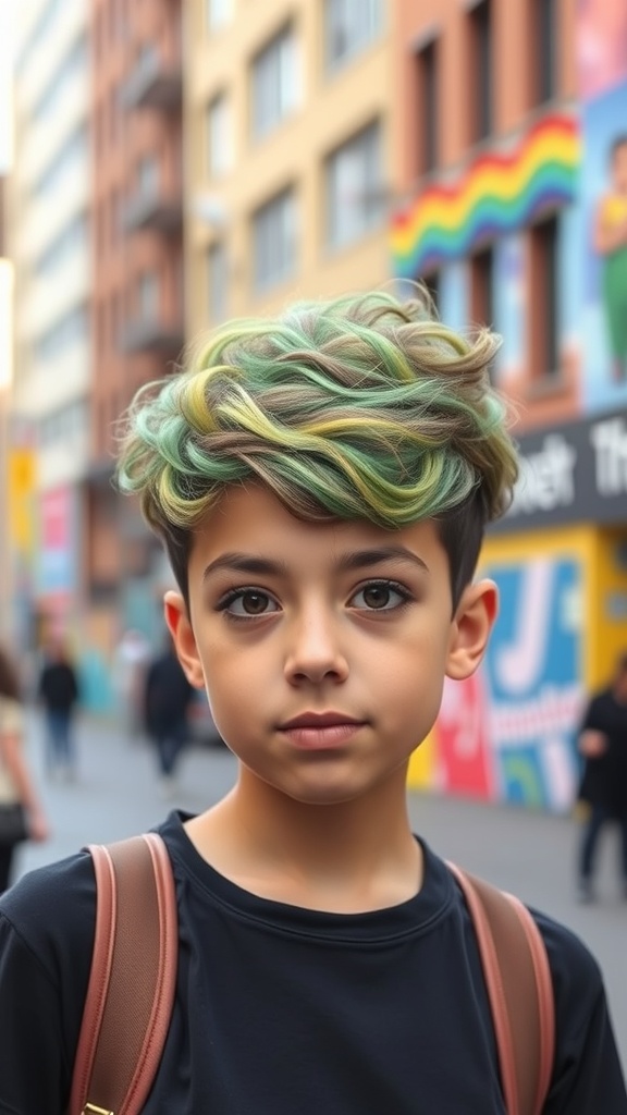 A young person with a playful curly pixie cut featuring green and yellow highlights, set against a colorful urban background.
