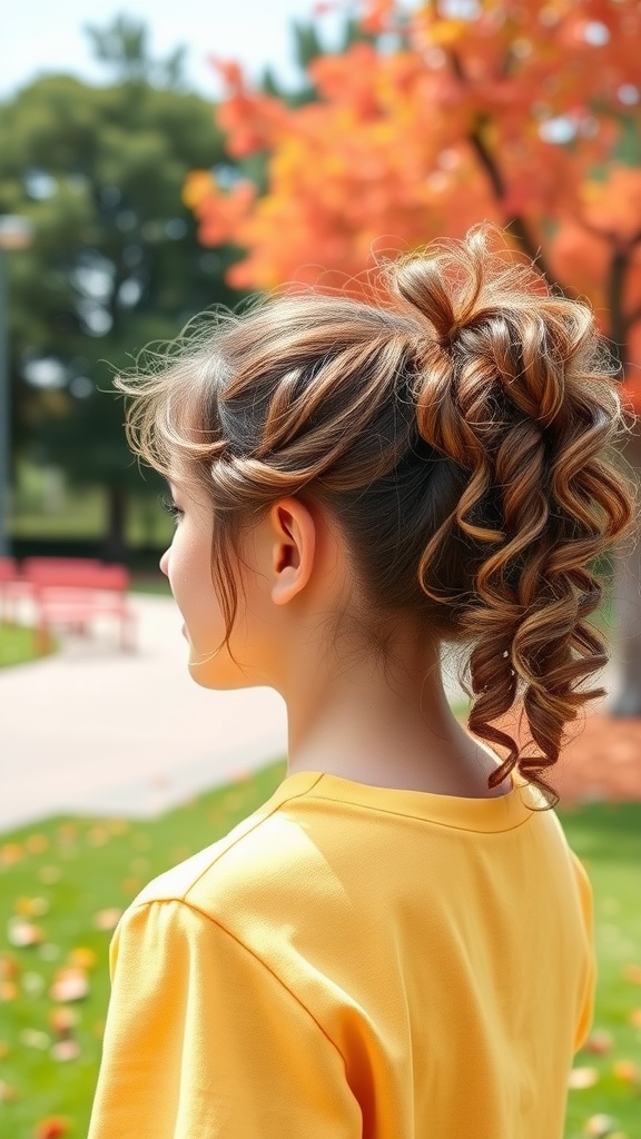 A playful curly ponytail updo in a sunny park setting