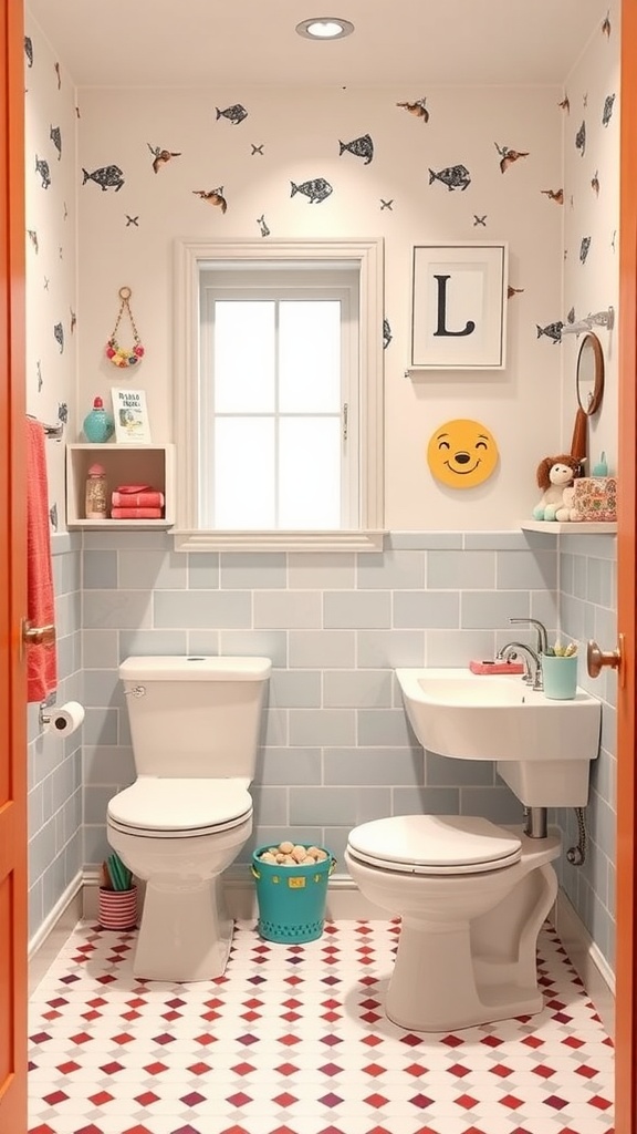 A colorful jack and jill bathroom with fish wallpaper, light blue tiles, and playful decor.
