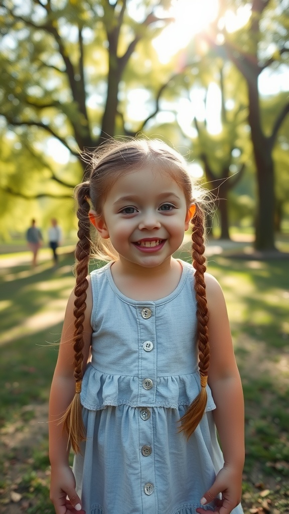 A smiling little girl with Dutch braids in a park setting
