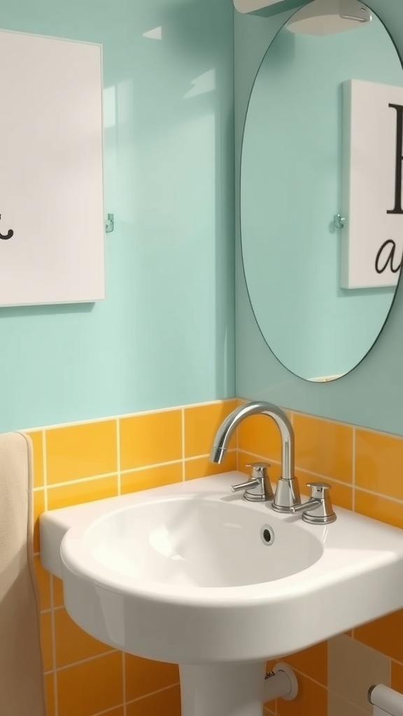 Colorful kids bathroom featuring playful faucet and sink designs with turquoise walls and yellow tiles.