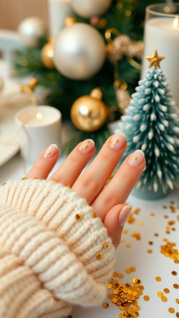 A hand with playful gold confetti nails against a festive background of holiday decorations.
