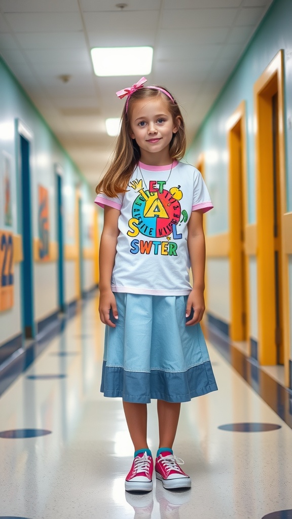 A young girl in a playful graphic tee and a light blue skirt, standing in a school hallway.