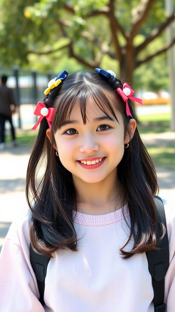 A girl with medium hair styled in a half-up ponytail with colorful bows.