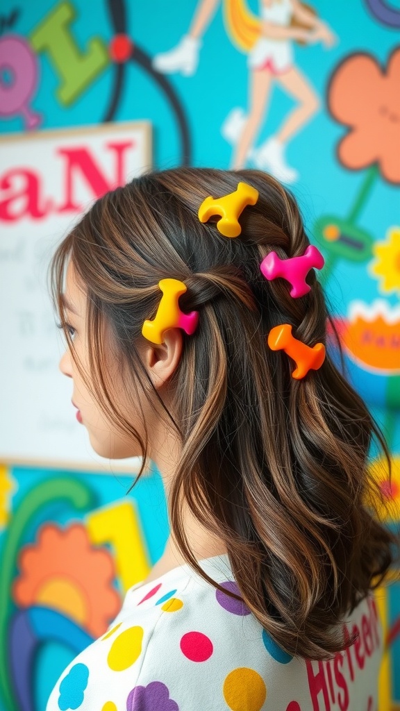 A young woman with half-up hairstyle adorned with colorful claw clips, showcasing soft waves.