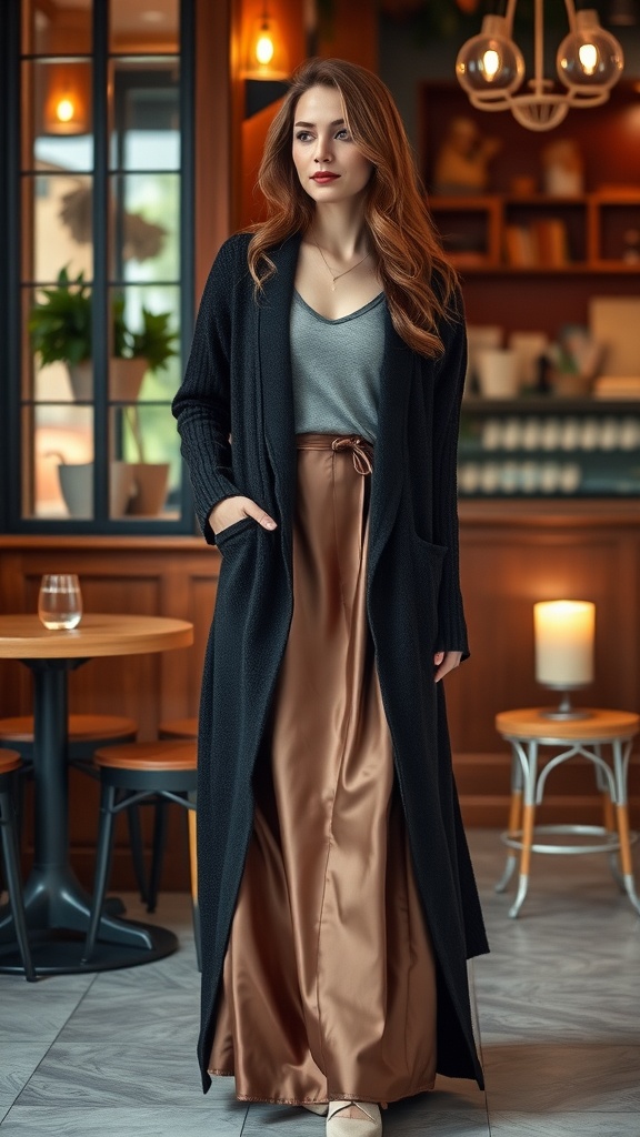 A woman wearing a long black cardigan over a satin maxi skirt, standing in a cozy cafe.
