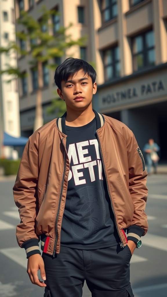 A young man wearing a brown bomber jacket over a black graphic tee, standing on a street.
