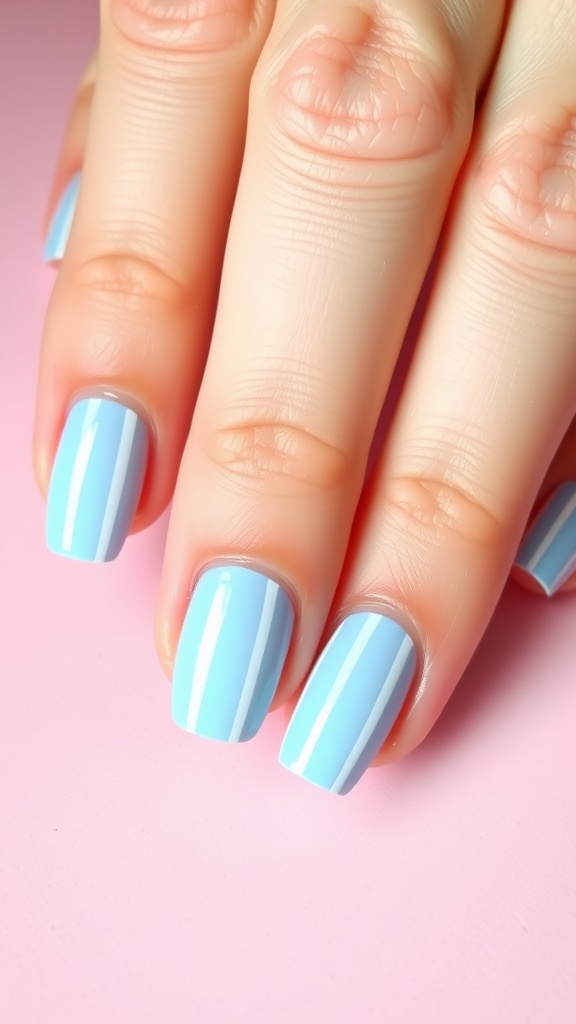 Close-up of light blue nails with white stripes, showcasing a playful French tip design.