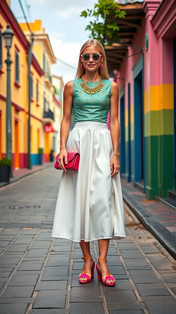 A model wearing a white midi skirt with a colorful top, bright pink accessories, and sunglasses, standing in a colorful street.
