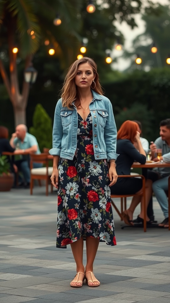 A woman wearing a floral midi dress and a denim jacket stands in a casual dining setting, with string lights in the background.