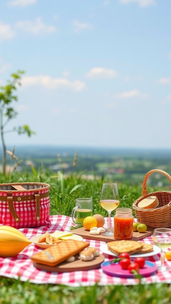 A picnic setup featuring a checkered blanket, food items, and a beautiful landscape.