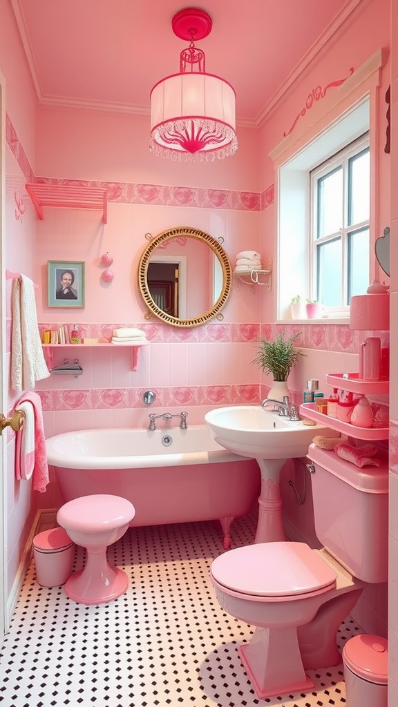 A pink retro bathroom featuring a vintage bathtub, chandelier, and playful decor.