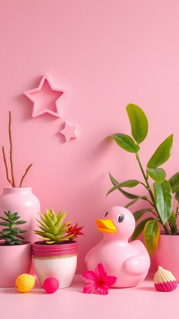 A playful pink bathroom aesthetic featuring a rubber duck, colorful plants, and star decorations.