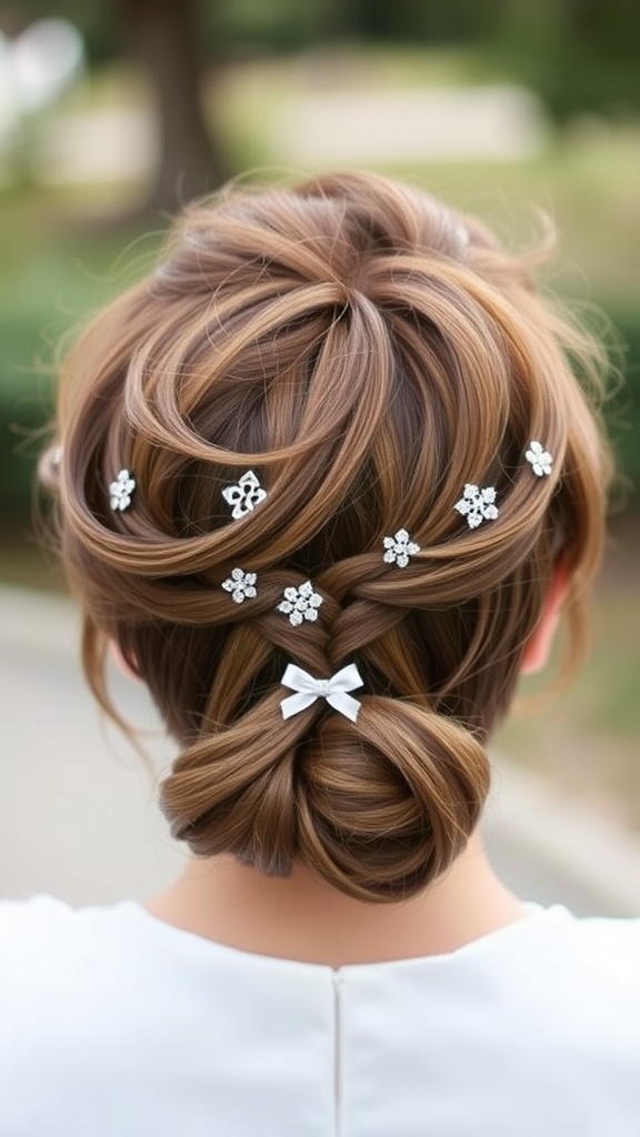 Playful pixie hairstyle with dainty clips and soft waves, showcasing elegance for a wedding.