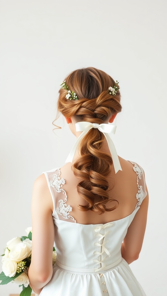 A bride with a playful ponytail adorned with a ribbon and flowers, showing off a lace-back wedding dress.