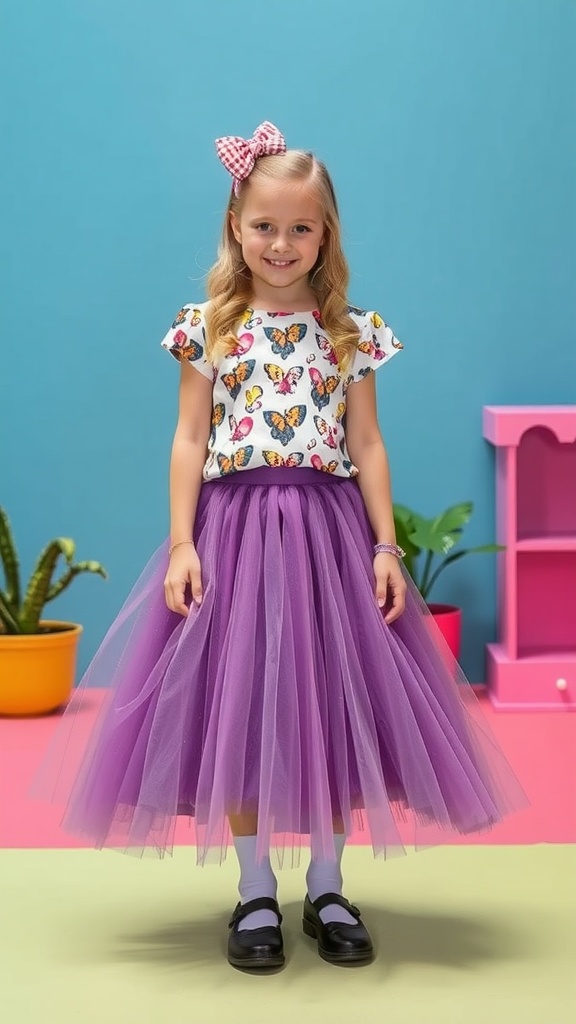 A young girl wearing a butterfly print top and a purple tulle skirt, with a big red bow in her hair.