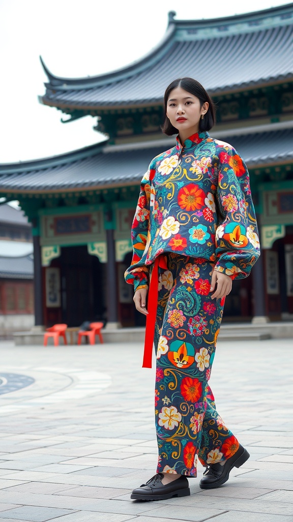 A model in a colorful floral and paisley patterned outfit standing in front of a traditional Korean building.