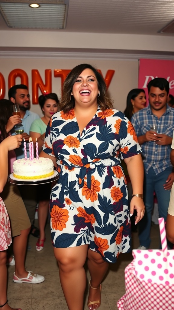 A joyful person in a floral romper, smiling and holding a birthday cake with candles, surrounded by friends at a celebration.