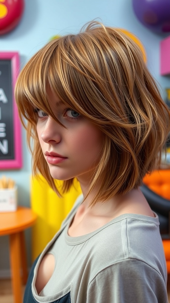 A woman with a shaggy bob hairstyle, featuring soft waves and bangs, set against a colorful background.