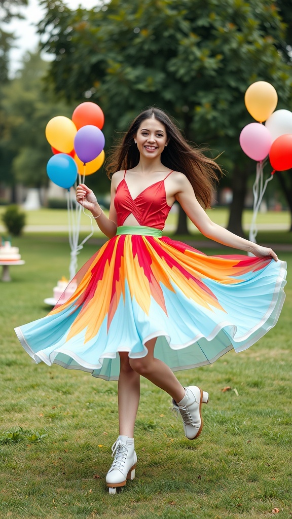 A girl in a colorful skater dress holding balloons, smiling and twirling in a garden.