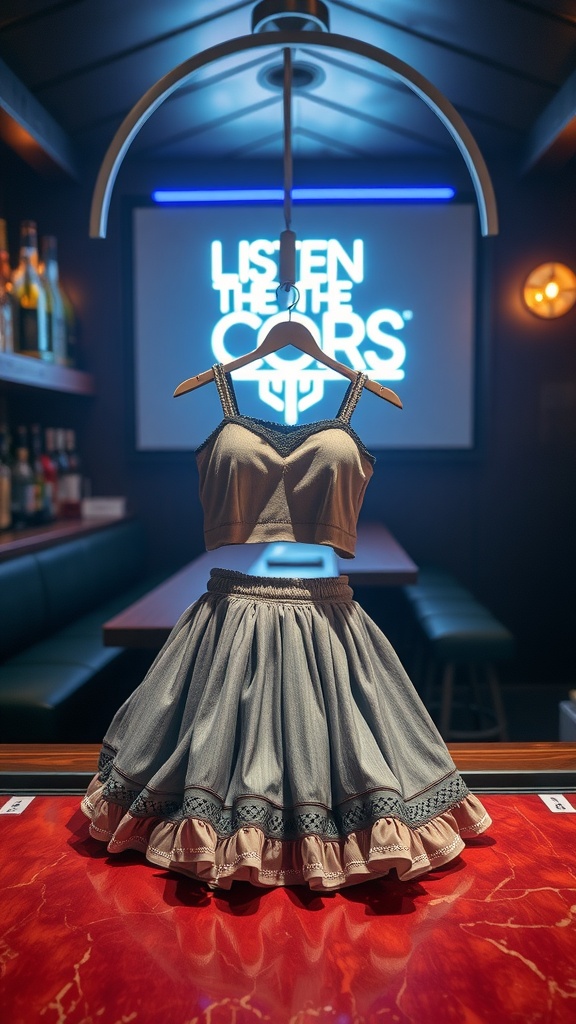 A playful denim skirt and stylish top displayed on a hanger.