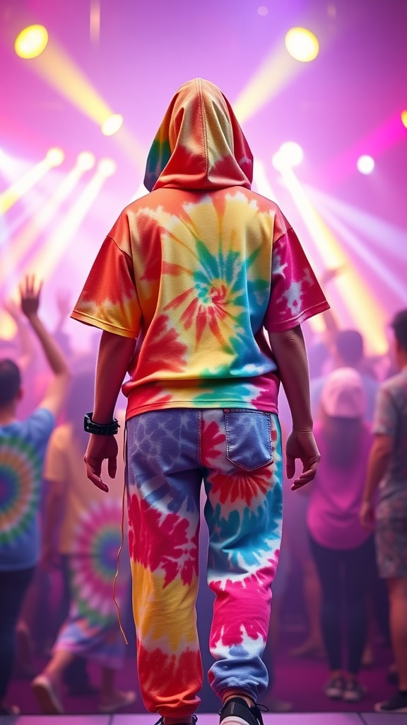 A person in a colorful tie-dye outfit at a rave, surrounded by a cheering crowd and bright lights.