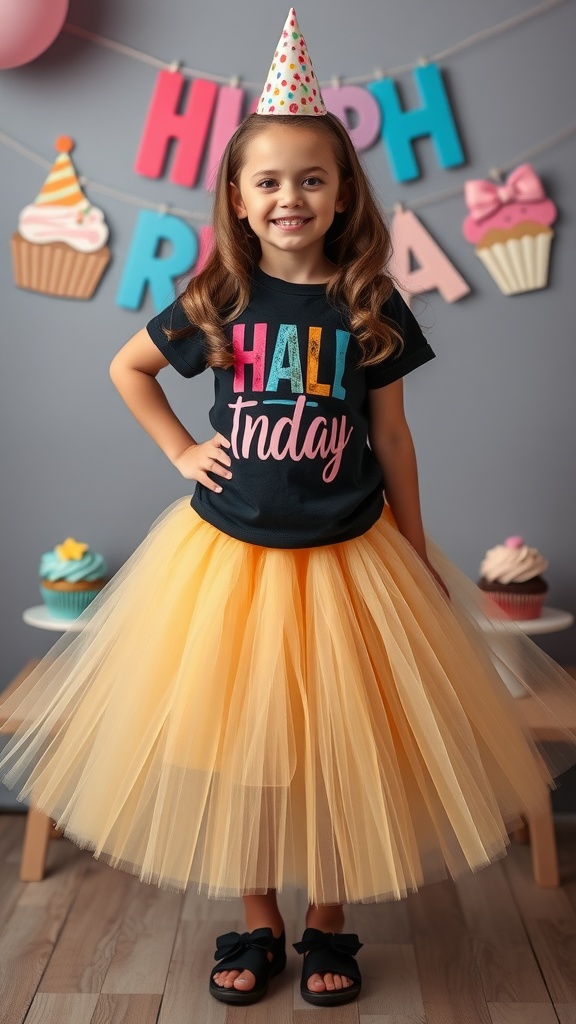A young girl wearing a yellow tulle skirt and a black graphic tee with a birthday hat, standing in front of a colorful birthday backdrop.