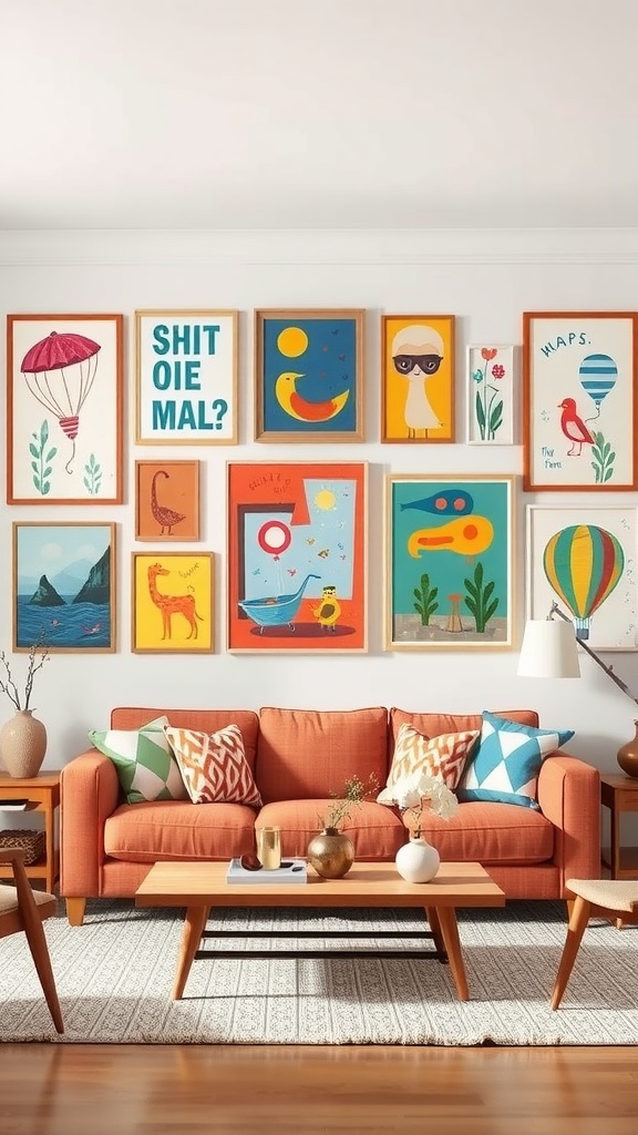 A vibrant and playful gallery wall featuring colorful illustrated art pieces above a cozy orange sofa.