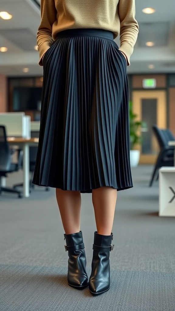 A woman wearing a pleated midi skirt and ankle boots in an office setting.