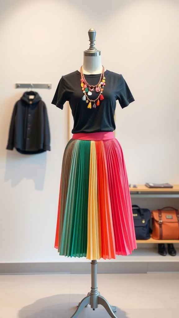A colorful pleated skirt paired with a fitted black tee on a mannequin, showcasing a stylish and casual outfit.