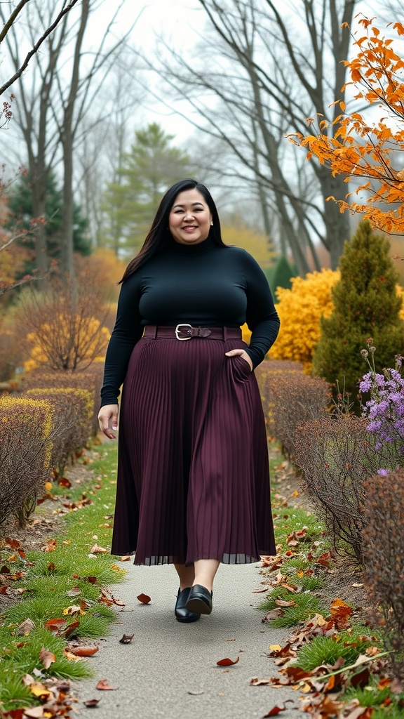 A plus-size woman walking in a park, wearing a black turtleneck and a burgundy pleated skirt.