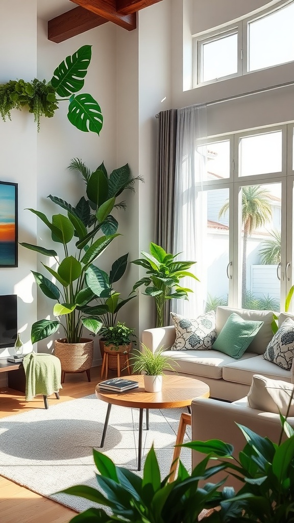 A coastal living room filled with various plants and greenery, showcasing a tropical vibe.