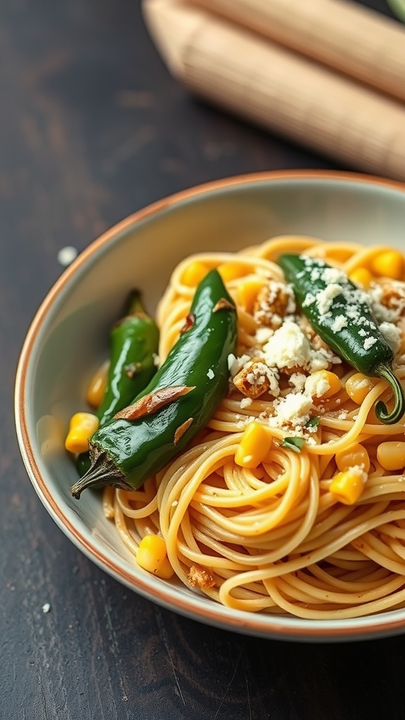 A bowl of spaghetti with roasted poblano peppers and corn