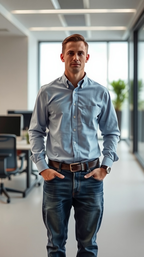 A man standing in an office wearing a light blue button-down shirt and relaxed denim jeans.