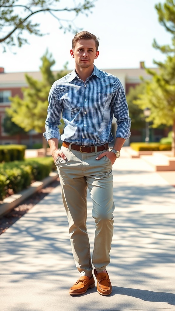 A young man wearing a light blue checkered button-up shirt and beige chino pants, standing outside with a polished look.